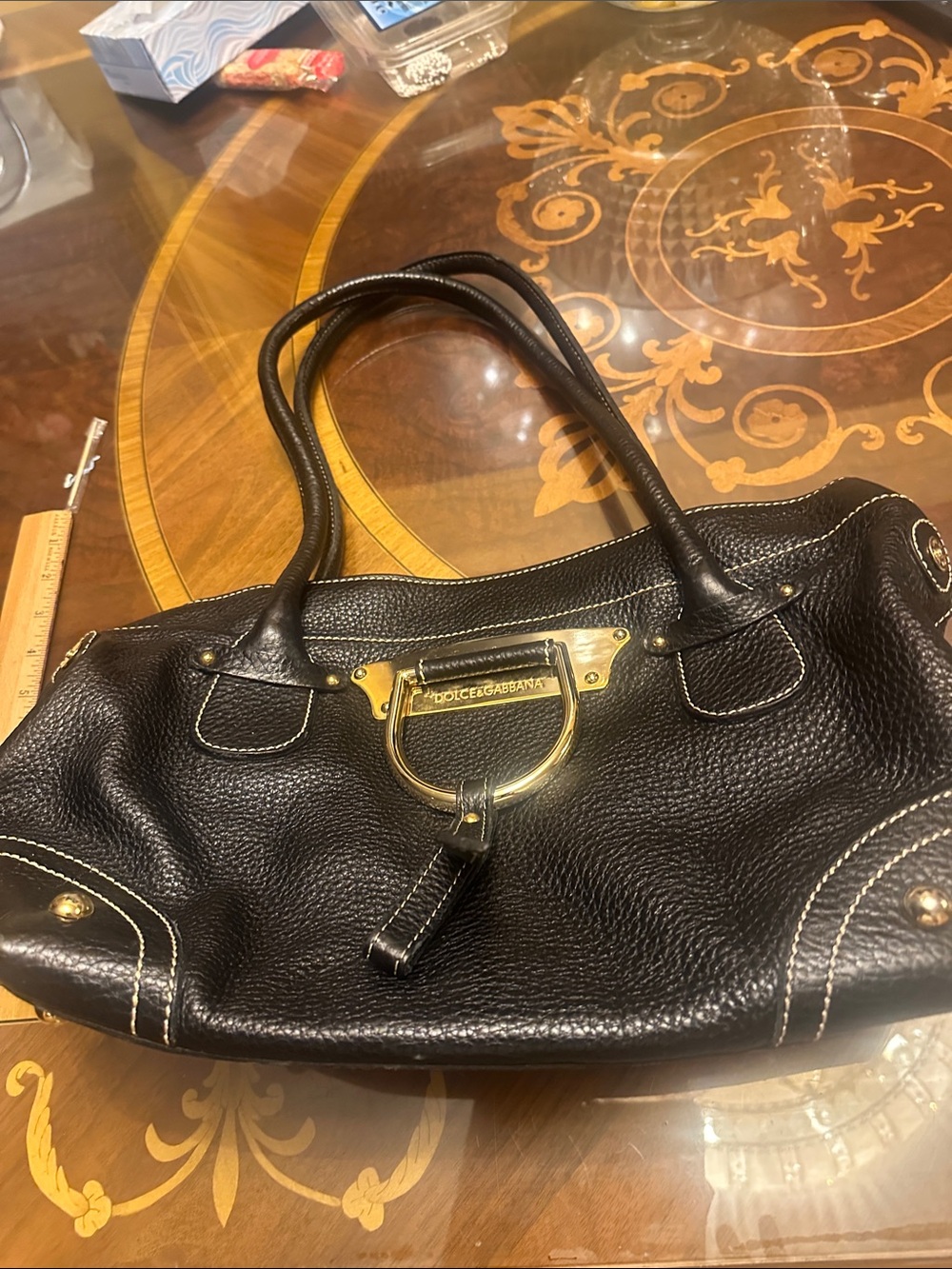 Dolce & Gabbana Black Pebbled Leather Shoulder Bag with Gold Hardware